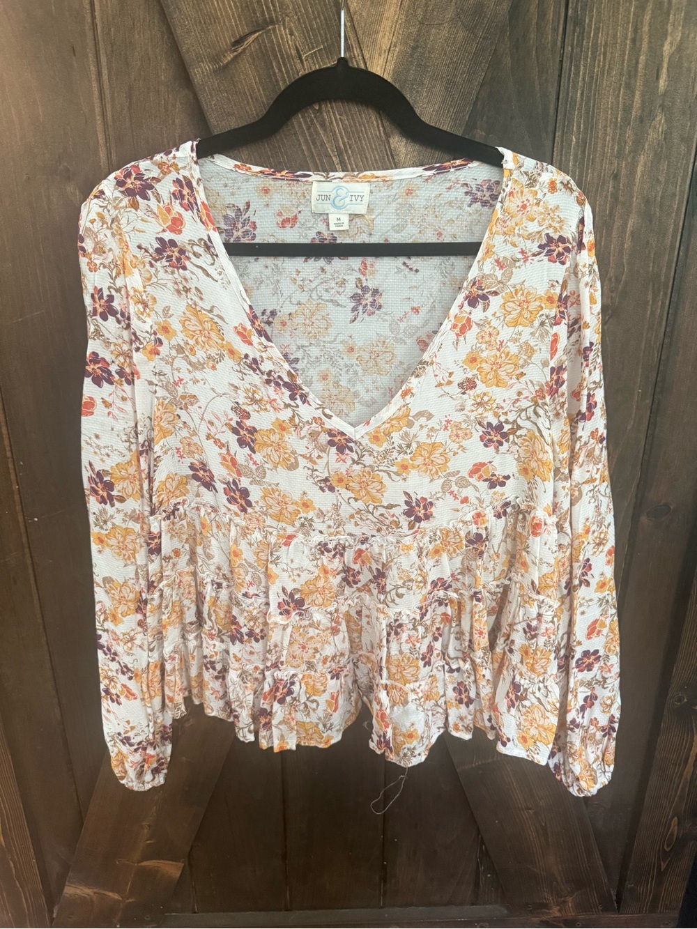 Floral V-Neck Peplum Blouse — White with Mustard & Plum Floral